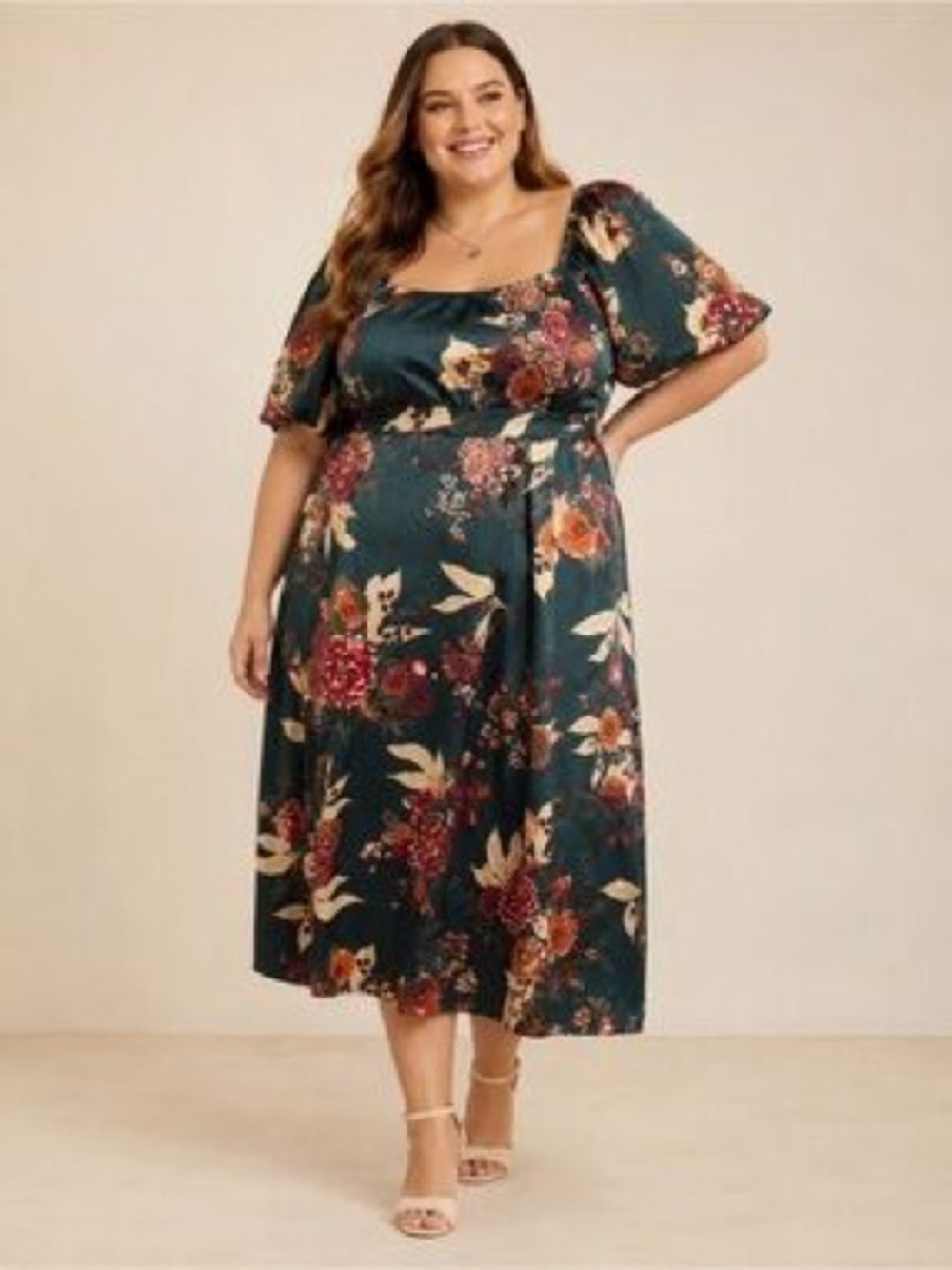 ARULA Teal Floral Square-Neck Midi Dress